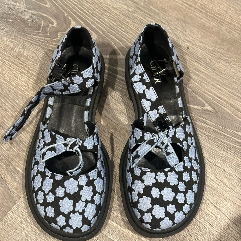 Cider Black and Blue Flats with Floral Pattern